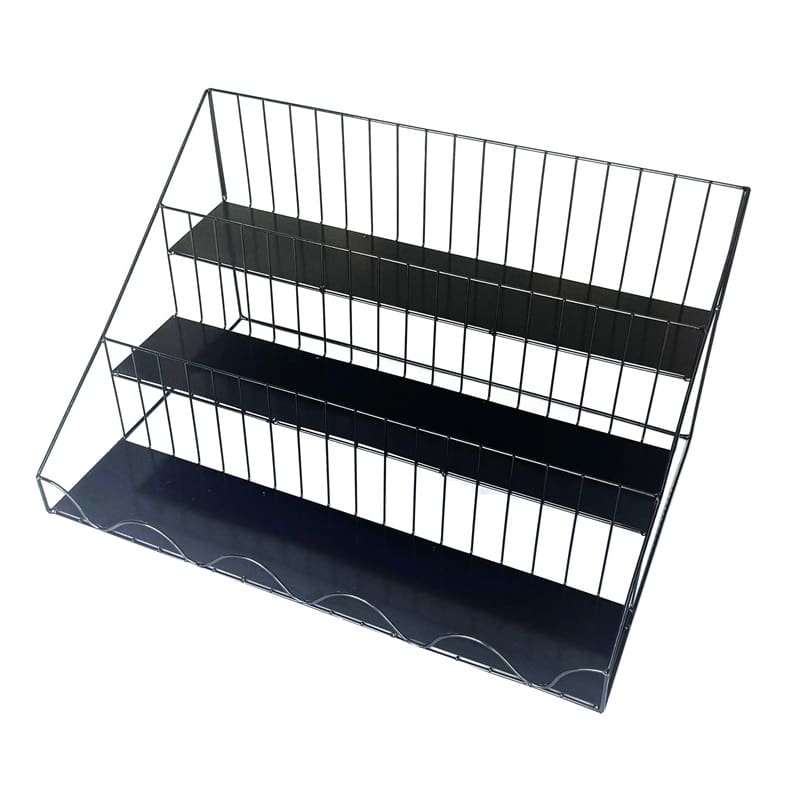 Black wire three-tier display stand.