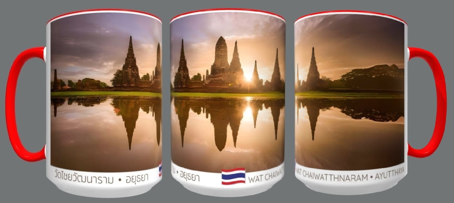 Thai temple sunrise reflection mug.