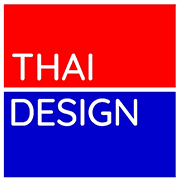 A red and blue square with thai design written in white