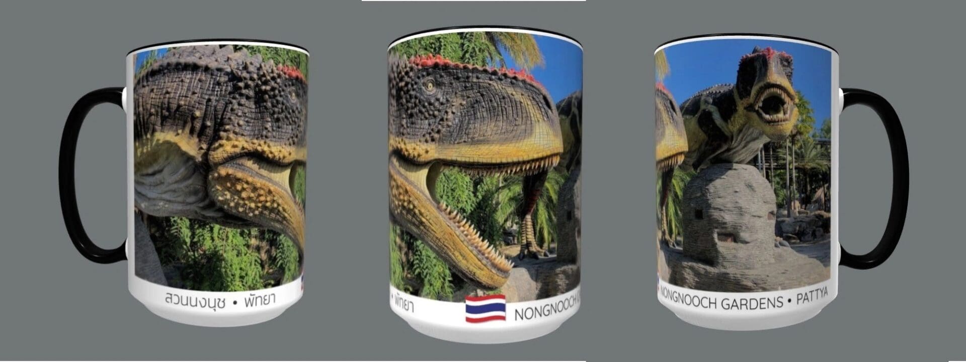 Mug featuring a dinosaur at Nong Nooch Gardens.