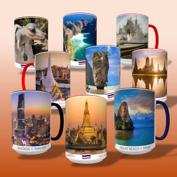Thai landmarks on coffee mugs.